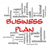 image of venture  - Business Plan Word Cloud Concept in red caps with great terms such as profits project develop goals information mission venture and more - JPG 