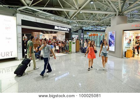 ROME, ITALY - AUGUST 04, 2015: Fiumicino Airport interior. Fiumicino - Leonardo da Vinci International Airport is a major international airport in Rome, Italy