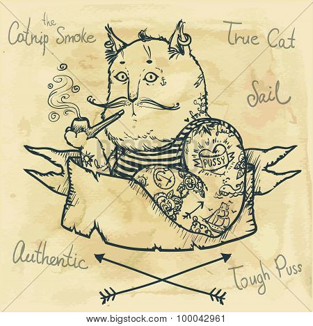 Tough Cat - hand drawn illustration