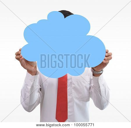 A man with speech bubble on face