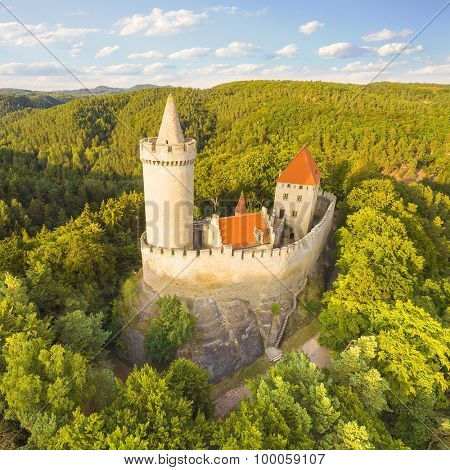 Aerial view of medieval castle Kokorin in national park Kokorinsko nearby Prague in Czech Republic. Central Europe. 