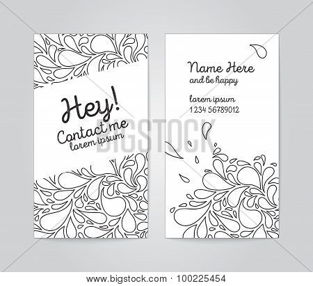 Vertical name cards with sketchy bubbles on background.