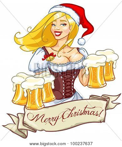 Pretty girl with beer, Christmas label