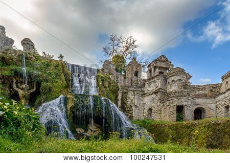 Waterfalls Fountain With Greek Gods In Tivoli, Italy