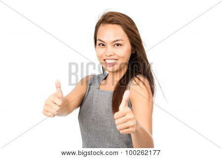 Wind Hair Blowing Two Thumbs Up Asian Girl Half