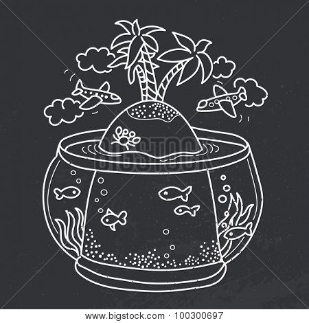 Freehand drawing - paradise island in fish tank, flying airplanes - concept of dream about vacations. Outline drawing on black board