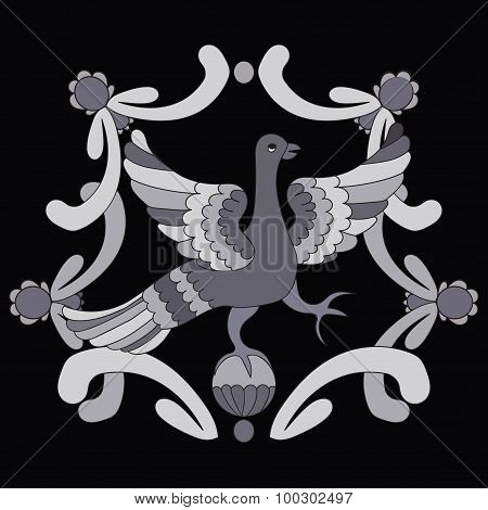 Ornamental Vector Illustration Of Mythological Bird. Gray Fairy Bird On The Black Background. Monoch