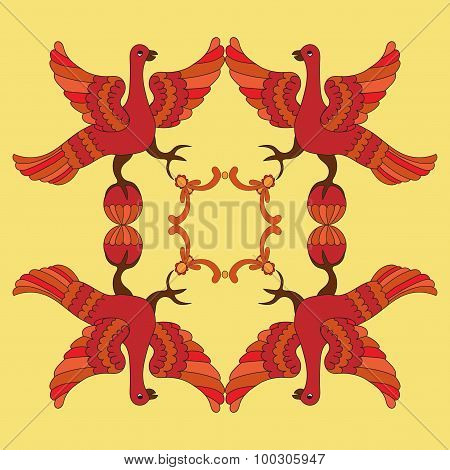 Ornamental Vector Illustration Of Mythological Birds. Red Phoenix Birds On The Yellow Background.