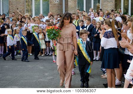 KIEV, UKRAINE - SEPTEMBER 1, 2015: The first school day on the September 1, 2015