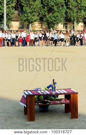 Festive Hand Bell On The Table On The Holiday Of First Bell