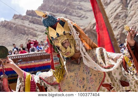 Tibetan Buddhist Lamas In The Mystical Masks Perform A Ritual Tsam Dance . Hemis Monastery, Ladakh,