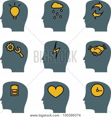 Head brain vector icons set, representing the ideas and thought process.