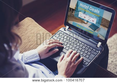 Hotel Deals. Woman Searching For Hotel For Vacation.