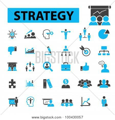 Strategy icons concept. Plan,  strategy concept,  business strategy,  marketing,  strategic,  strategic planning, business meeting, advertising, business structure. Vector illustration set