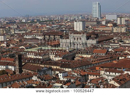 Panoramic View From The Top By The City Of Turin With The Historic Palace