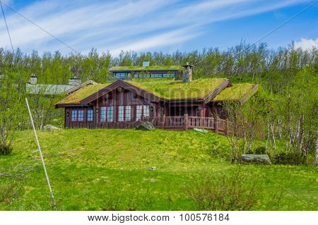 VALDRES, NORWAY - 6 JULY, 2015: Traditional norwegian mountain cabins of wood with grassy rooftops l