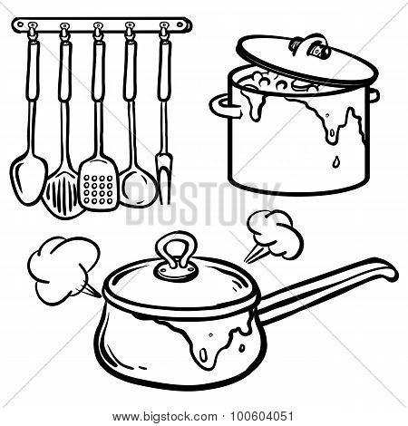 Cooking - Set Of Pans And Frying Pans. Hand Dawn. Vector Illustration.