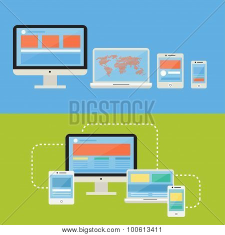 Flat Design Concept Computer Device and Responsive Web Design Icons Vectors