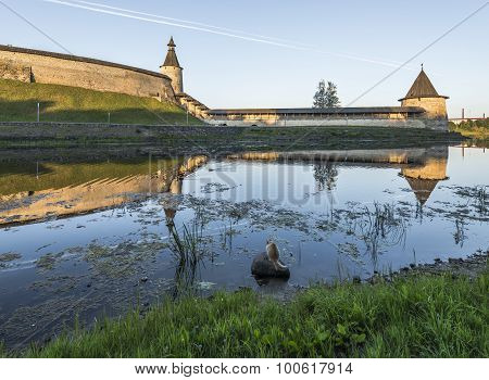 Pskov Kremlin From The Side Of The Pskova River At Sunrise.