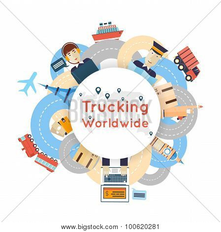 Cargo transportation around the world truck, train, ship, plane.