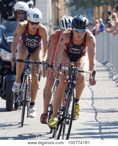 STOCKHOLM - AUG 22 2015: Triathlete Katie Zaferes cycling followed by Flora Duffy and Sarah True in the Women's ITU World Triathlon series event August 22 2015 in Stockholm Sweden