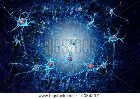 Neurons Molecules On Medical Background In 3d Illustration.