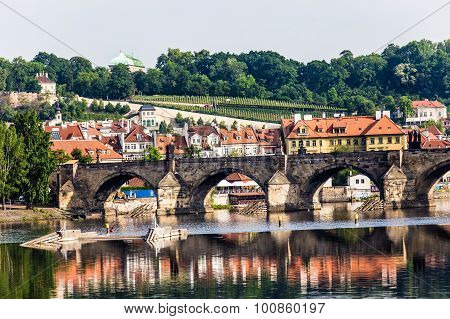 Karlov or charles bridge and river Vltava in Prague