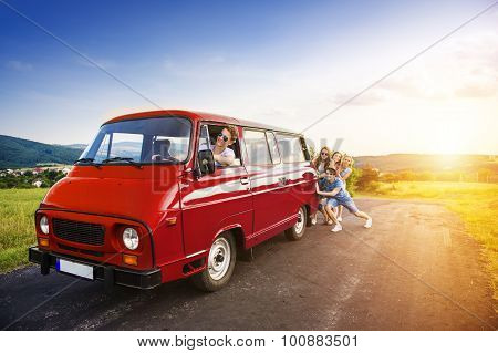 Young hipster friends on road trip