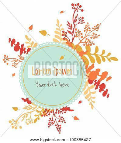 Autumn vector background. Blue banner with colorful plants.Frames with place for text
