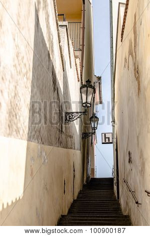 narrow stairway in Hradcany district Prague