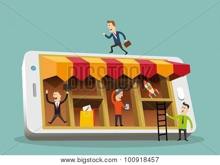 Business people around a smartphone. Mobile busines concept. Vector illustration.