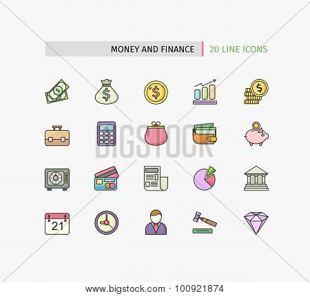 Flat Thin Line Icons of Money and Finance