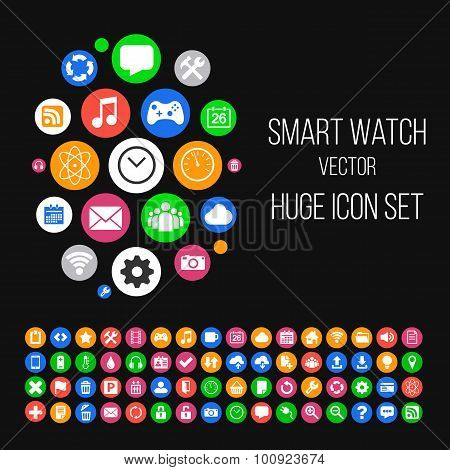 Modern Smartwatch Style Background with Huge Set of 64 Icons in