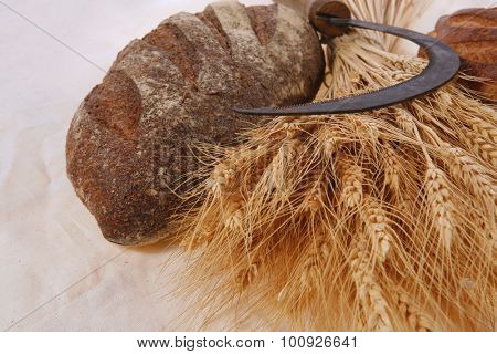 bunch of mown wheat ears with vintage handmade reaper hook sickle and rye and white dark french fresh bread loaf on light linen tablecloth