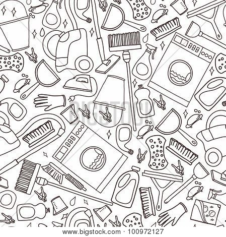 Vector Doodle Pattern Of Cleaning Tools.