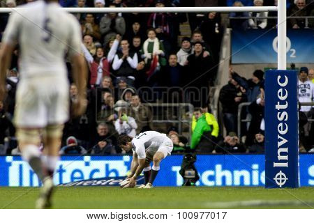 TWICKENHAM LONDON, 27 NOVEMBER 2010. England's Ben Foden, touches down to score a try  during the Investec International match between England and South Africa at Twickenham Stadium Middlesex England