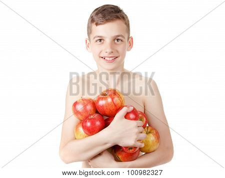 Smiling Boy With A Pile Of Apples