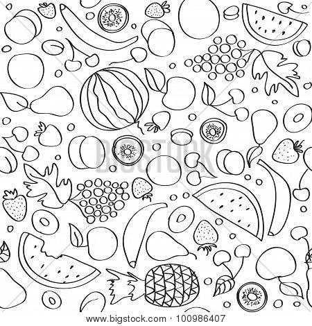 Seamless Vector Doodle Cartoon Pattern Of Summer Fruits In Lines