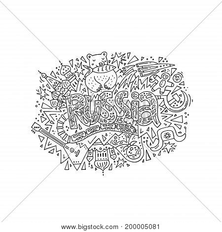 Handdrawn concept with all main symbols of Russia. Vector illustration.