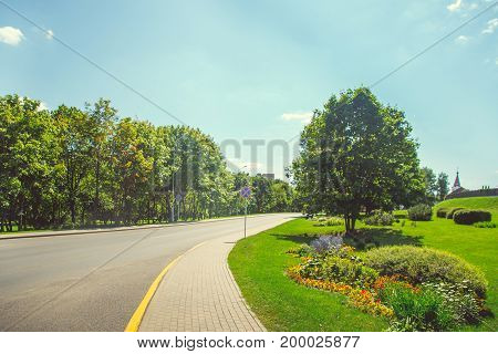 Forest park with a pond in the city center in bright sunny summer weather
