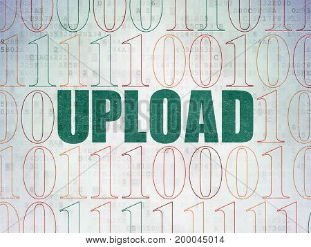 Web design concept: Painted green text Upload on Digital Data Paper background with Binary Code