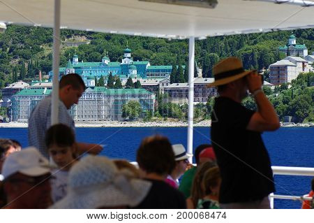Athos peninsula Greece - June 21 2017: view from a cruise ship on the Monastery of St.. Pantaleimon located in the Republic of Monks on the peninsula of Athos.
