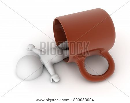3D illustration of character falling asleep in a cup of coffee. Isolated on white.