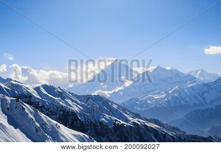 Mount Dhaulagiri I and Tukche Ri mountains peaks Annapurna Conservation Area Himalayas Nepal