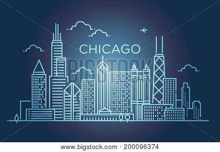 Linear banner of ChLinear Chicago City Silhouette with Typographic Designicago city. Line art.