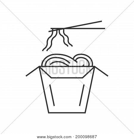 noodles in thin line box with chopsticks. concept of foodbox, korean fastfood, wok cooked, cafe emblem, spice vegetarian. isolated on white background. linear style logo design vector illustration