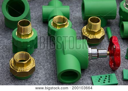 PPR water pipe fittings display on shelf
