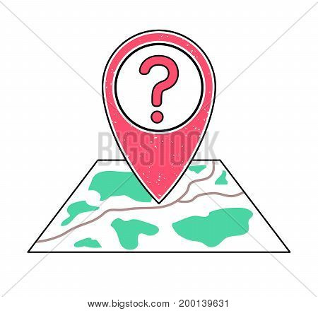 Textured red geotag icon with question mark on a map. Help sign. GPS navigation concept. Problem notification. Important information. FAQ emblem. User manual symbol. Unidentified object message.