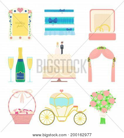 Wedding set of vector objects: cake bride and groom figures rings flowers equipage bridal garters photo frame bottle of champagne basket with rose petals