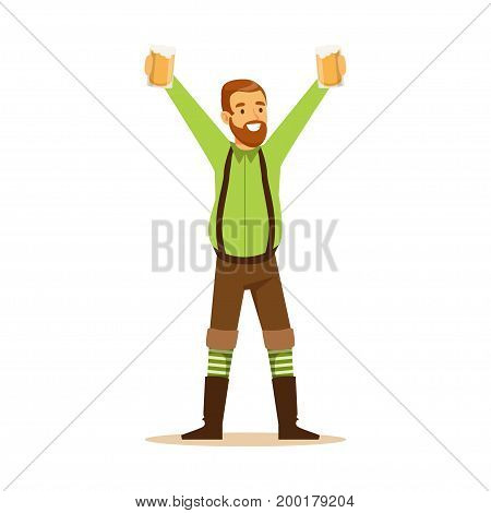 Smiling bearded man in a Bavarian traditional costume holding beer mugs in upraised hands, Oktoberfest beer festival vector Illustration on a white background